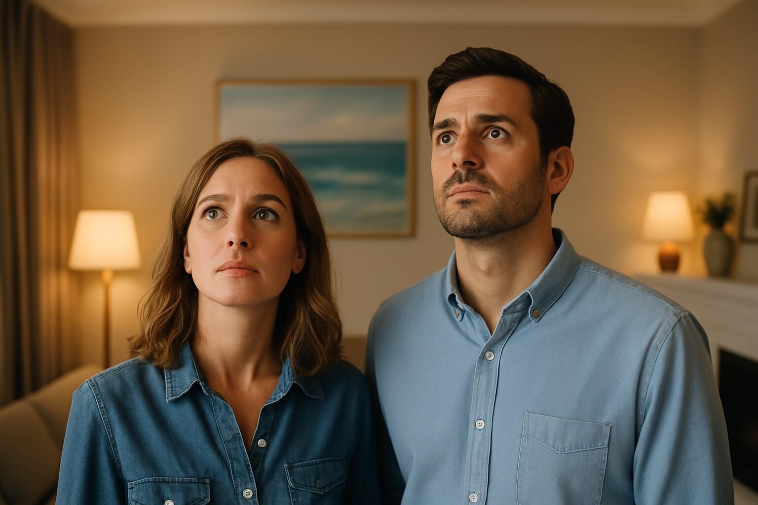 Mann und Frau schauen auf die Decke einer Wohnung